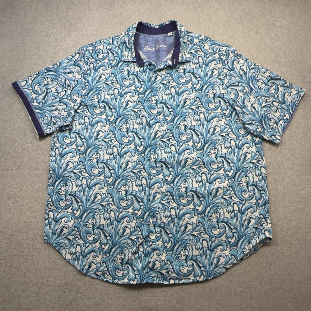 Robert Graham Shirt Mens 2XLT Blue Floral Short Sleeve Button Stretch Contrast